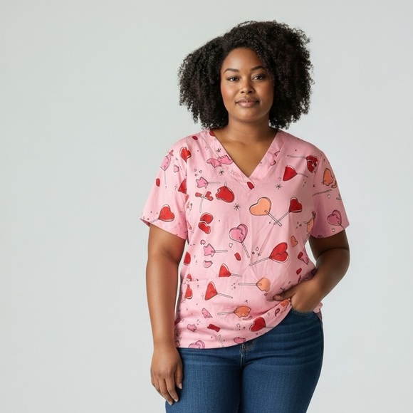Pink Heart Patterned V-Neck Scrubs Top - Picture 1 of 6